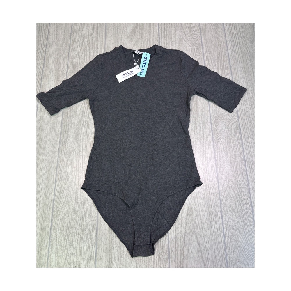 Gilli Elbow Sleeve Ribbed Knit Bodysuit Dark Grey Crew Neck NWT L Stitch Fix